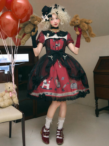 Puppy and Telephone Print Black and Red Peter Pan Collar Sweet Lolita Dress