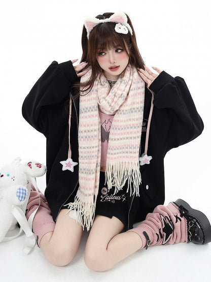 Black Hooded with and Charm Embroidered Jacket Star Drawstrings Chest Lettering