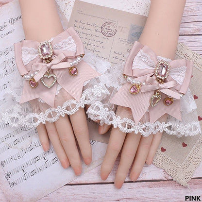 10 Jirai Rhinestone Color Cuffs Wrist Lace Kei Bowknot Options Pearl