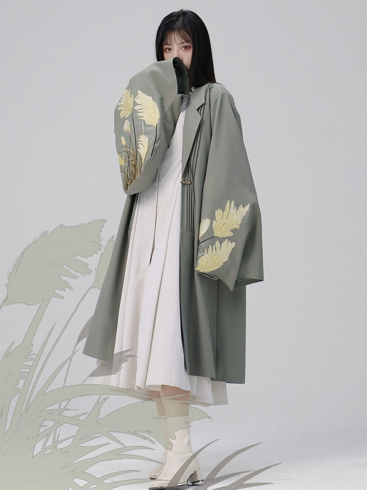 Han-inspired with Green Unisex Coat Pleating Details