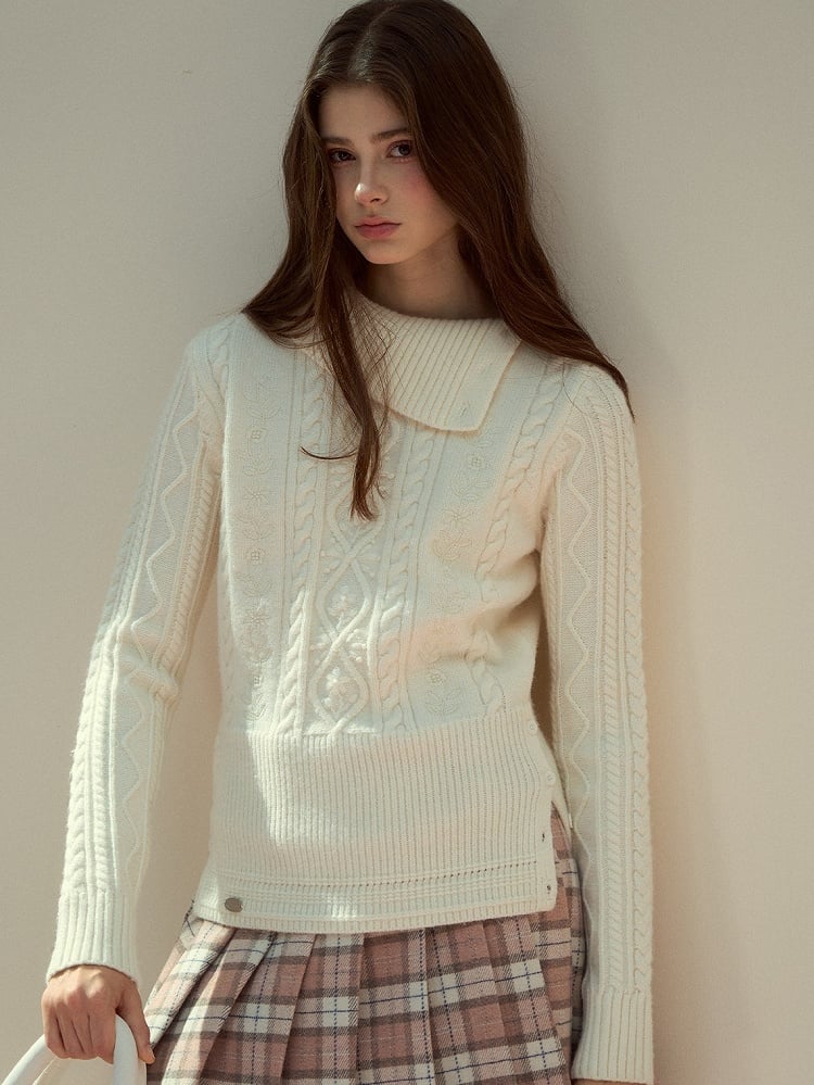 Elegant Sweater Cable Mock White Knit Vintage Neck