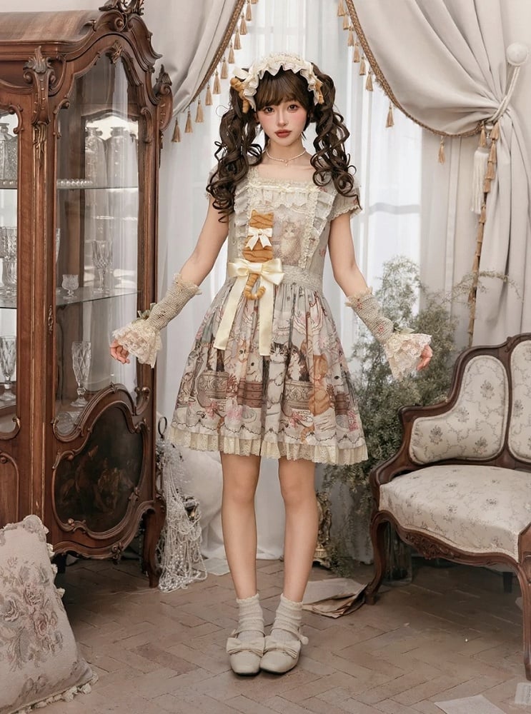 Green Cat Print Square Neckline Sweet Lolita JSK Dress with Plush Cat Patch - NyaNya