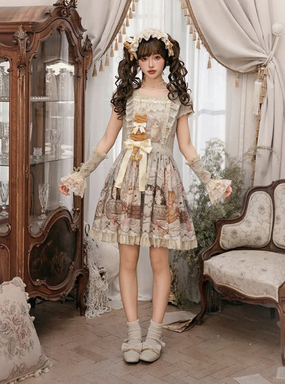 Green Cat Print Square Neckline Sweet Lolita JSK Dress with Plush Cat Patch - NyaNya