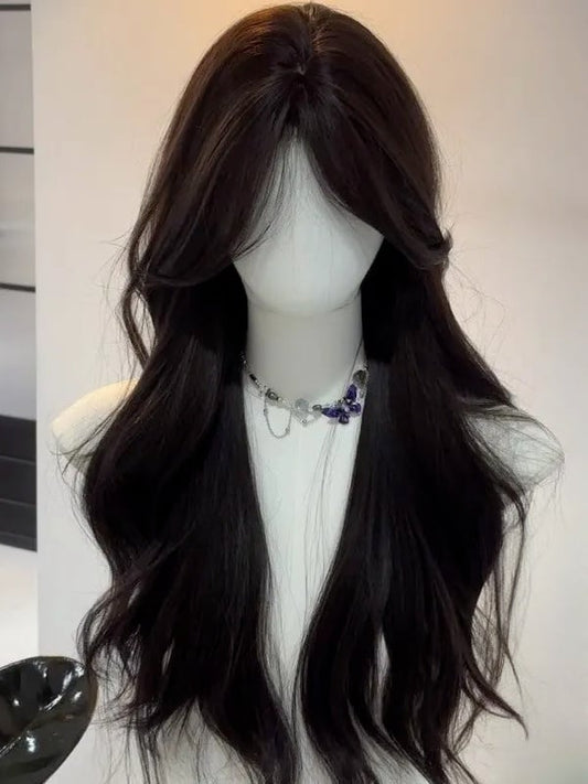 Wavy Curtain Bangs Black Brown with Wig