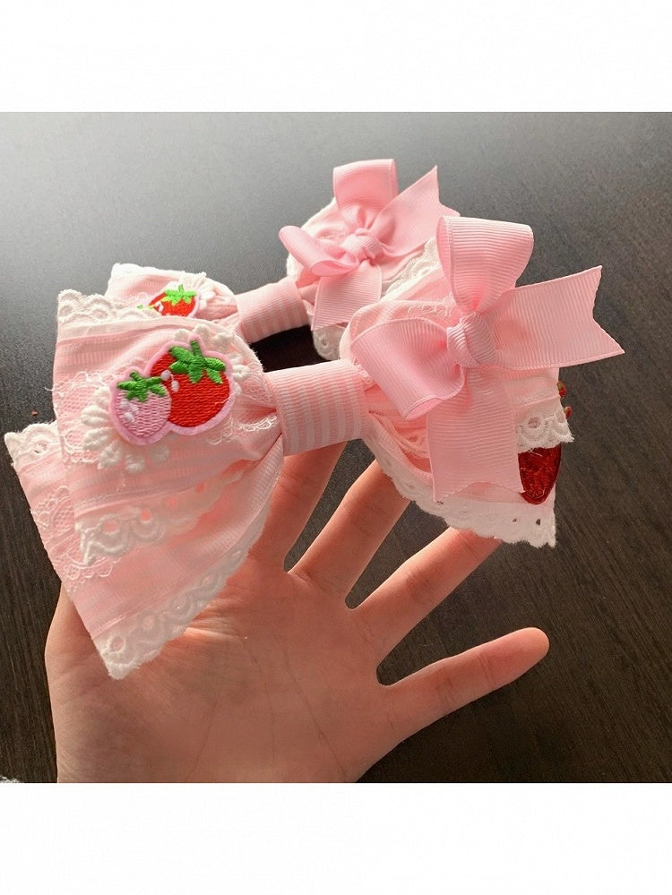 Pink Strawberry Bow Hair Clip with Lace Trim - Bow Terminator