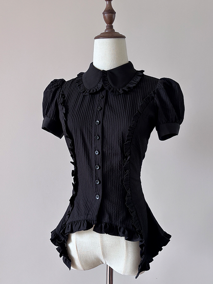 Black Neckline Lolita Sleeves Blouse Ruffle Gothic Stripe Puff and