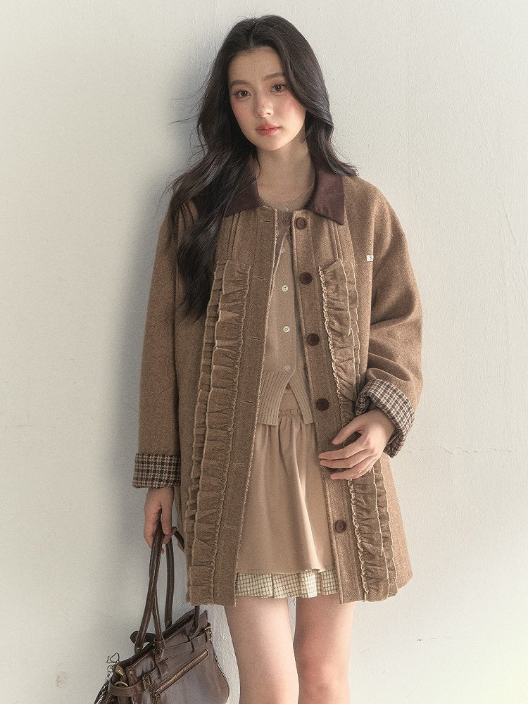 Brown Cuffs with Plaid Coat Sweet Details Ruched Houndstooth