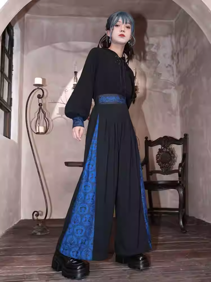 Blau-schwarze Koralle-Cheongsam mit weitem Bein und Bündchen, Seepferdchen- und Printmuster