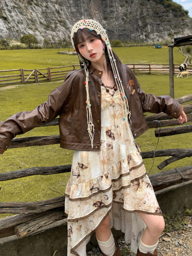 Vintage Butterfly Print Handkerchief Hem Dye Apricot Tie Spaghetti Strap Dress