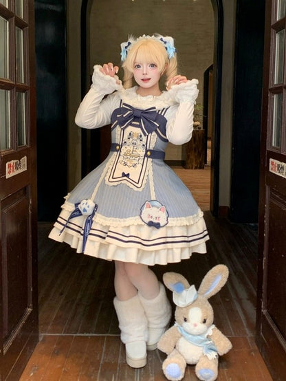 White Cuffs Top Details Lolita Bow and Plush with Long-Sleeve