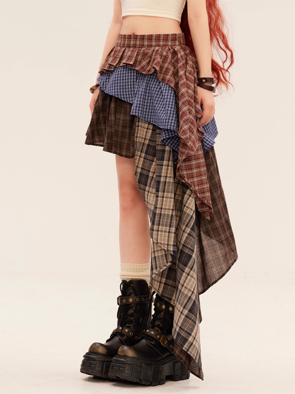 Tiered Skirt Red Asymmetrical Hem Vintage Plaid