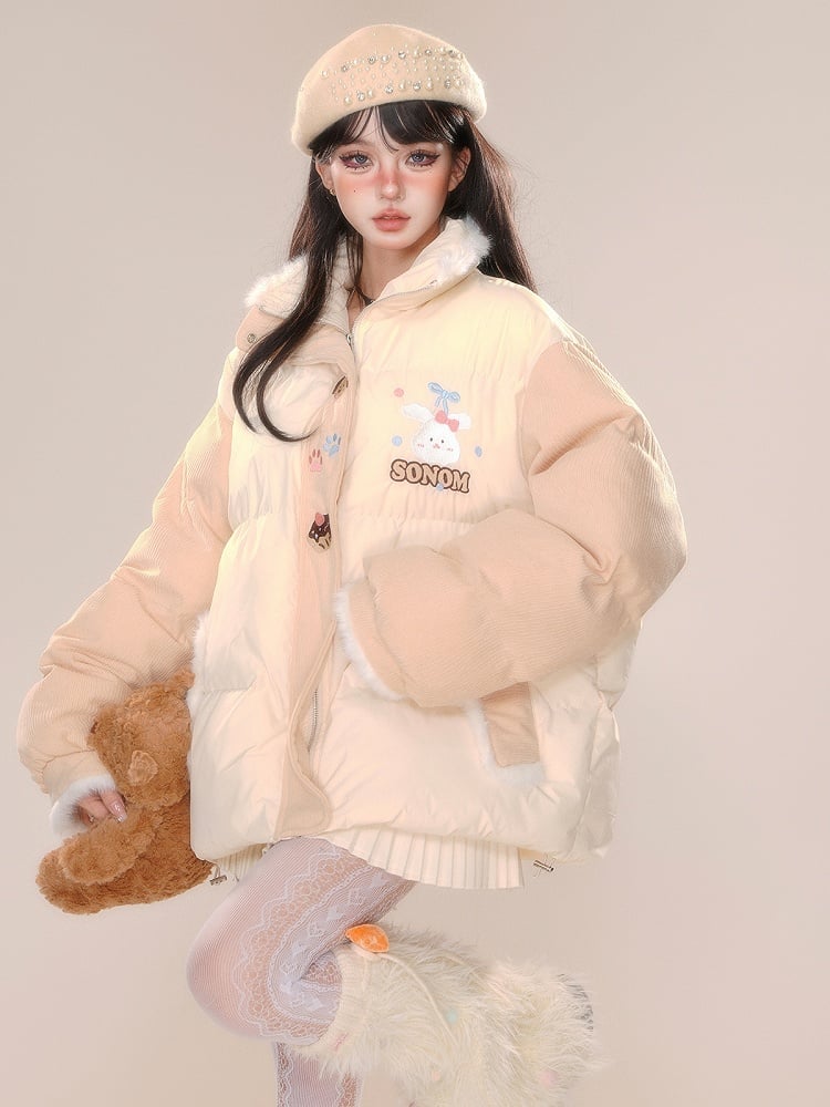 Cremegelbe Pufferjacke mit süßem Häschen-Plüschbesatz