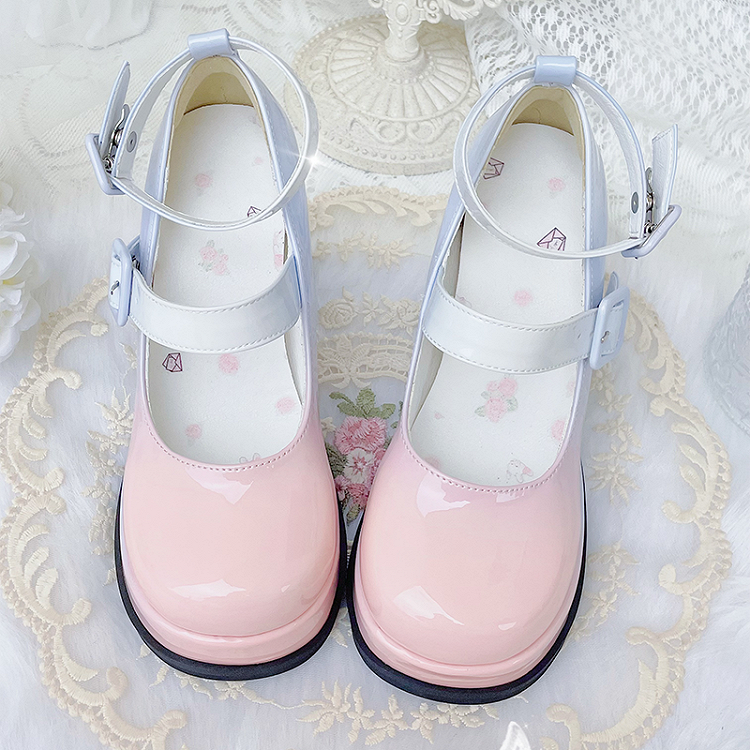 ピンクブルーグラデーション取り外し可能な蝶結びプラットフォームハイブロックヒールロリータシューズ