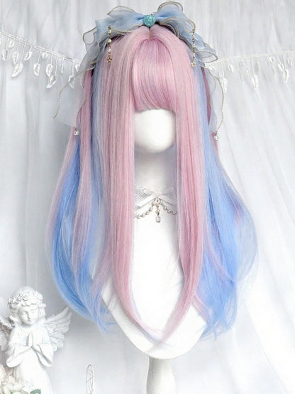 Blue and Pink Ombre 55cm Long Straight Full Bangs Wig - Sinwavy
