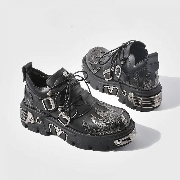 Sole Flame with Platform Triple Metal Plates Punk Closure - Detailing Shoes System Black