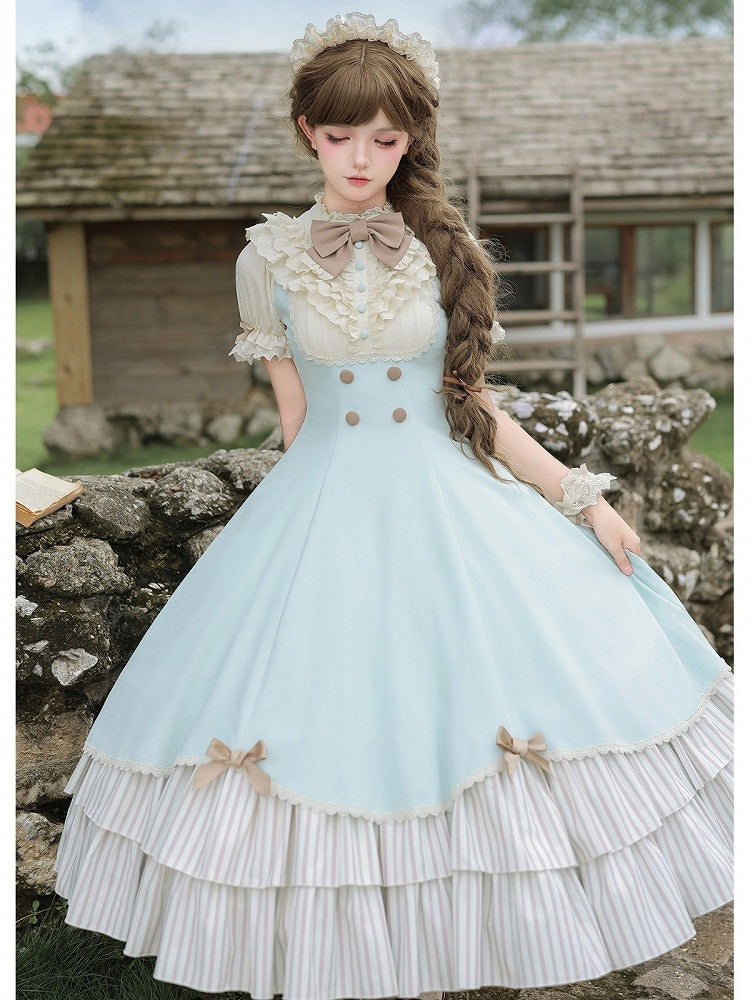 Puff-Sleeve Long Lolita Dress in Beige and Blue with Scalloped Hem and Butterfly Bows - With PUJI
