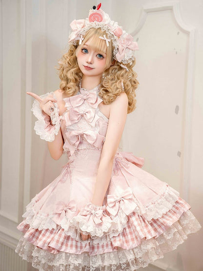 Set Accents Sweet Lolita Idol Pink Neck Bow Dress Halter Sakura / JSK Full