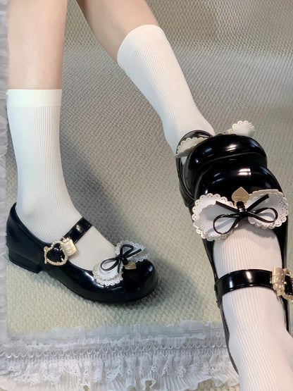 Sweet Black Heart Bow Low-Heel Cake Shoes Lolita Buckle with Multilayer Accent