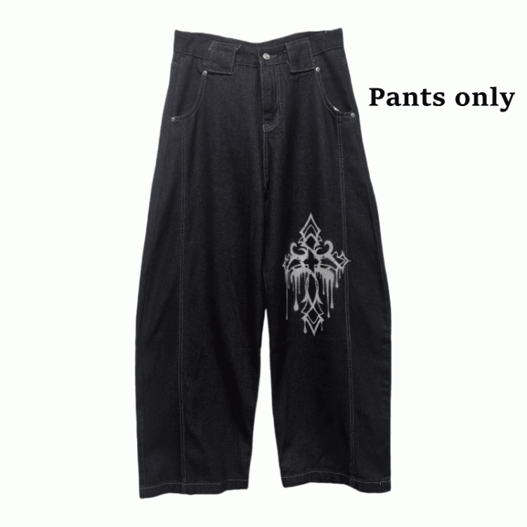 ダークブルーのクロスプリント ルーズワイドレッグジーンズ