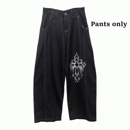 ダークブルーのクロスプリント ルーズワイドレッグジーンズ