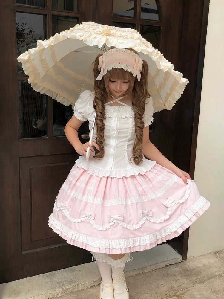 Pink & White Lace-Trimmed Skirt with Bow Accents - Hana Studio