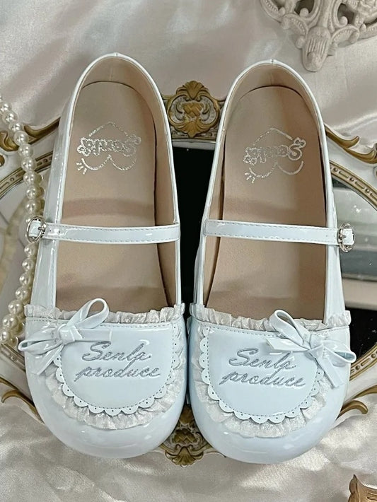 Trim Flats Toe Round PU Ruffles Embroidery Letter Blue Baby Leather