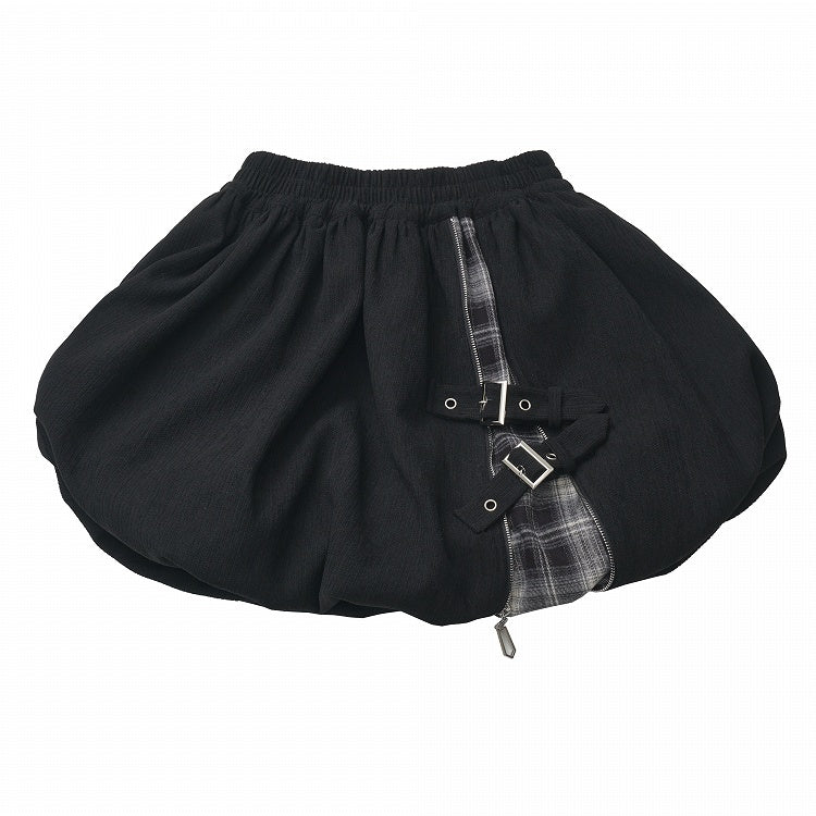 Strap Bubble Skirt Buckle Patchwork Design Plaid Mini Black with Zipper