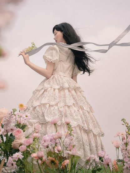 White Classic Scallop Trim Skirt Lolita Print Embroidered Layered Floral Jumper with