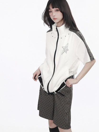 Star Print Zip-Up Jacket with Belt Accents in White and Gray - PINK SAVIOR