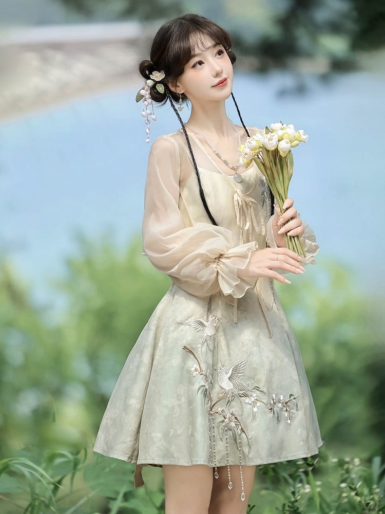 Sheer Top Set with Light Green Sleeveless Dress, Floral and Bird Embroidery, Modern Chinese Style - Han Ru Chu Hanfu &amp; Han-Element Studi