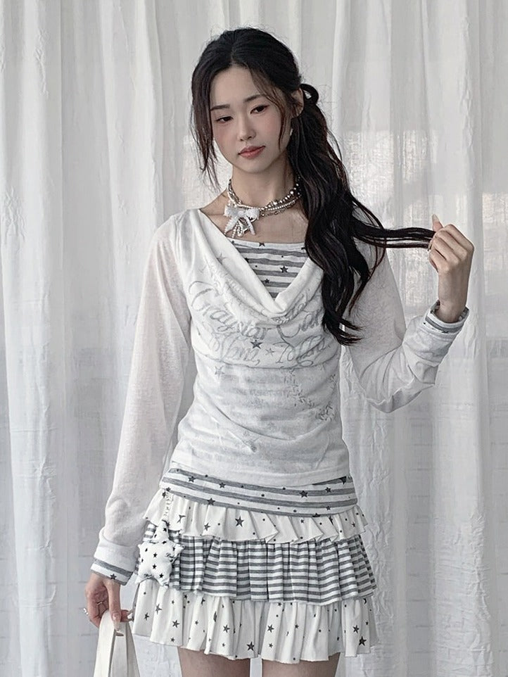 Black/White Cowl Neck Fake Two-Piece Long Sleeve Top with Stripes and Stars - Solkatt