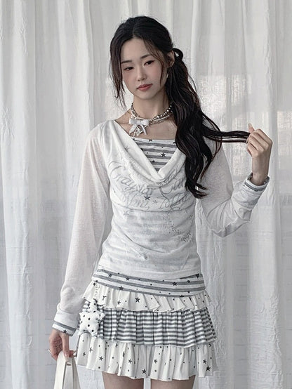 Black/White Cowl Neck Fake Two-Piece Long Sleeve Top with Stripes and Stars - Solkatt