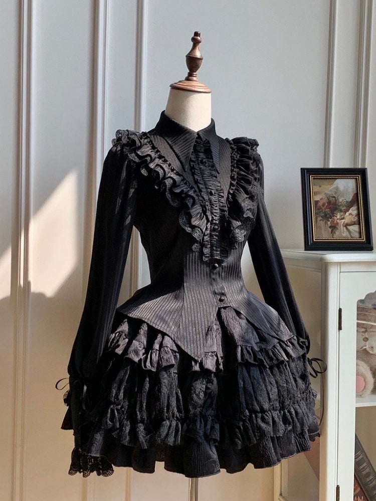 Kragenärmel Lolita Schwarzes Hemd Gothic Spitz Lang Foldover