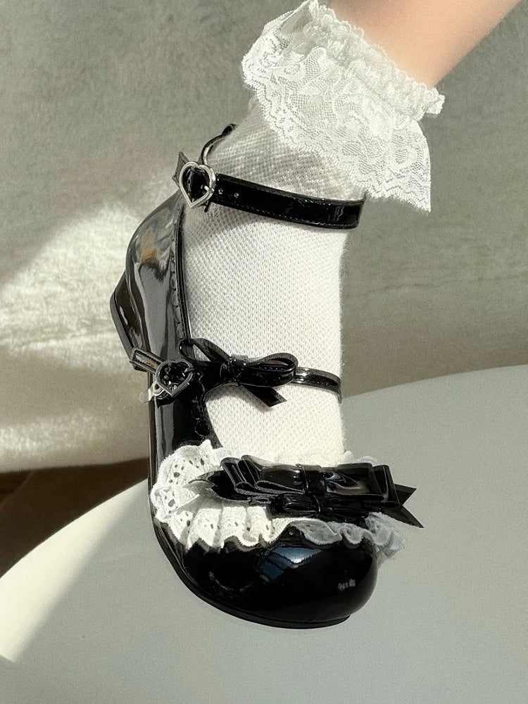 Heel - Mary PU Trim Lace with Ruffled Heart Black Sweet Janes Lolita Low Buckle