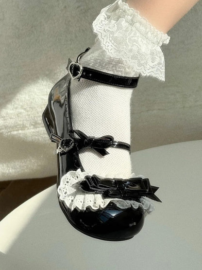 Heel - Mary PU Trim Lace with Ruffled Heart Black Sweet Janes Lolita Low Buckle