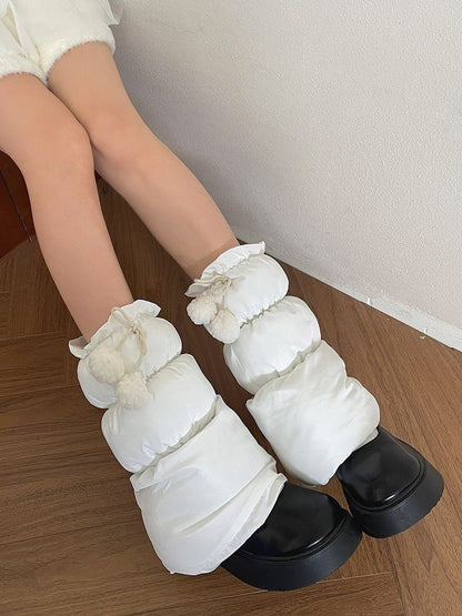 Leg Decorations Puffer with White/Black/Gray Pom-Pom Warmers