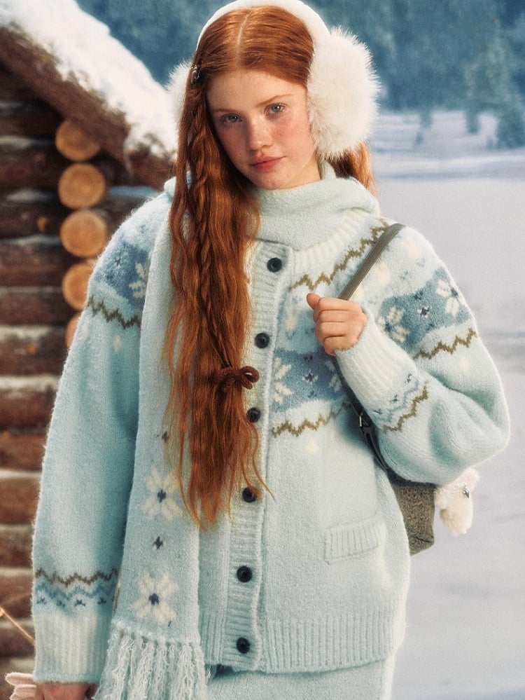 Blue Light Snowflake Cardigan Knit Vintage Pattern