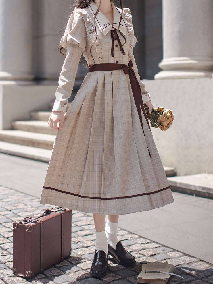 Plaid Pleated Juliette Sleeves Preppy Dress: Skirt with Coffee Light Style