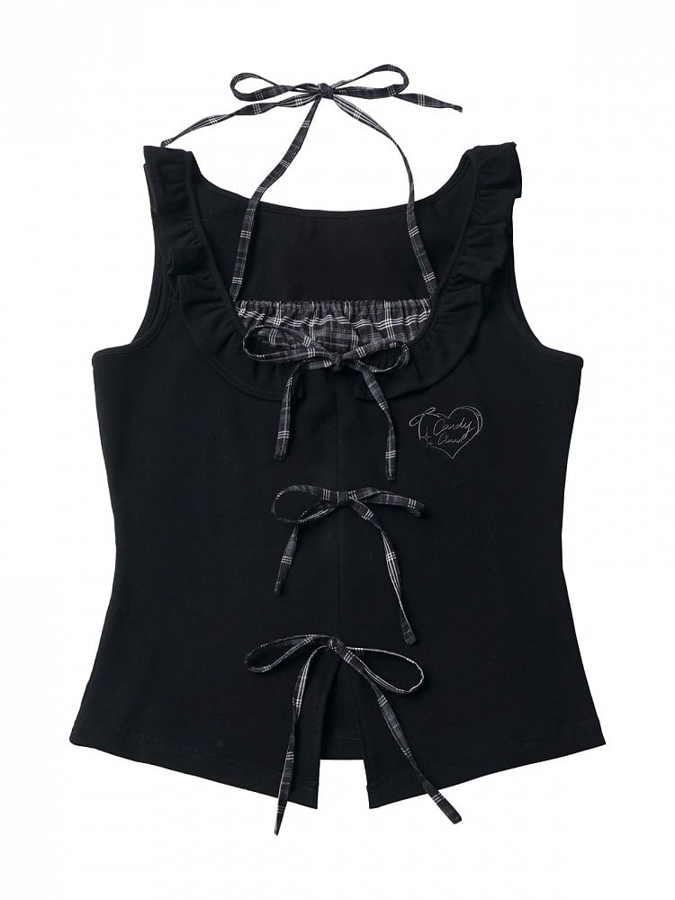 Black Fake Two-Piece Halter Top with Plaid Ties - PINK SAVIOR