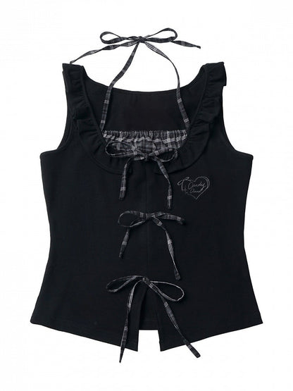 Black Fake Two-Piece Halter Top with Plaid Ties - PINK SAVIOR