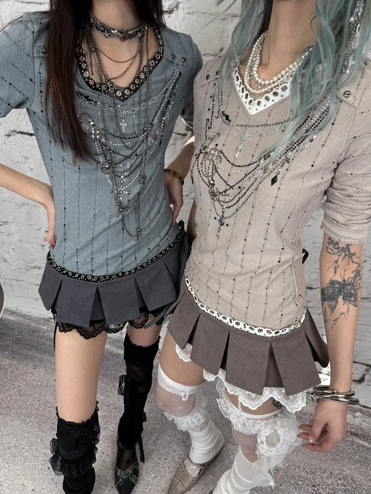 Muster Langer V-Ausschnitt Strass Gestreift Rosa/Blau Ärmel Punk Design Top Halskette Wasteland