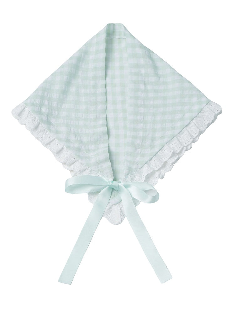 Gingham Lace Trim Headscarf - PINK SAVIOR