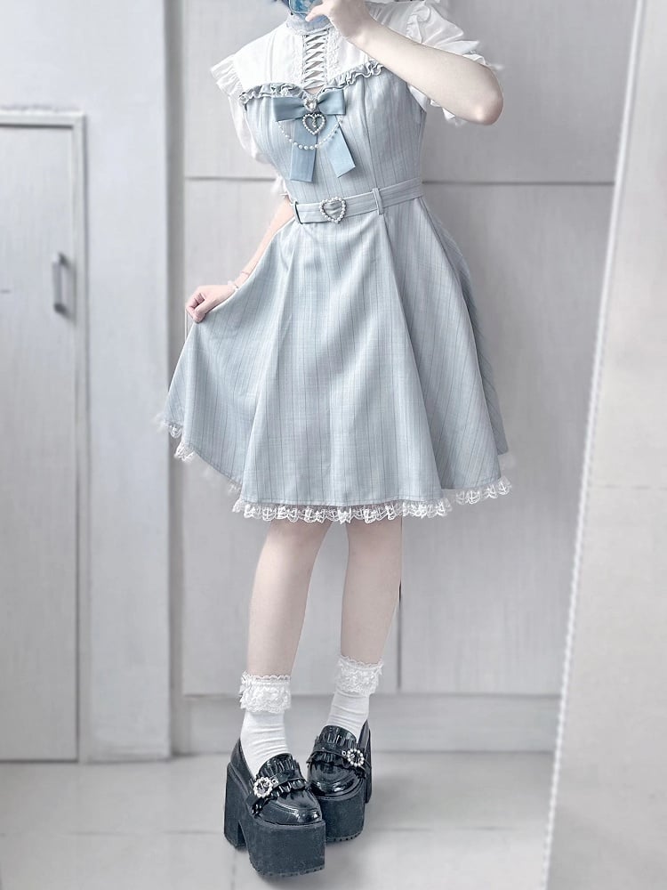 Kei Dress with Detachable Lace Trim Jirai Bow Kaiwai Neckline Design Tenshi Blue Striped Criss-cross