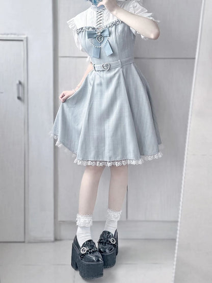 Kei Dress with Detachable Lace Trim Jirai Bow Kaiwai Neckline Design Tenshi Blue Striped Criss-cross