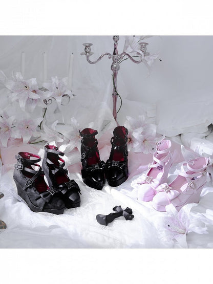 Matte Black Gothic Lolita 10cm Slope Heel Shoes with Butterfly Bow Accent - sphenoid