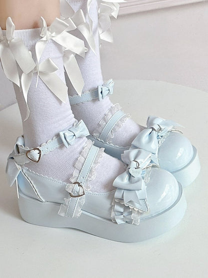 Toe with Sweet Delicate Lolita Round Bow Platforms Blue