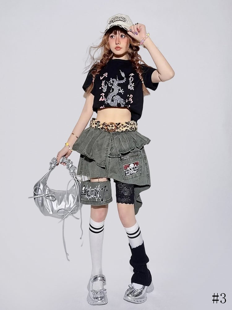 Asymmetrical Skeleton Graphics Cross Skirt Gray Denim and with