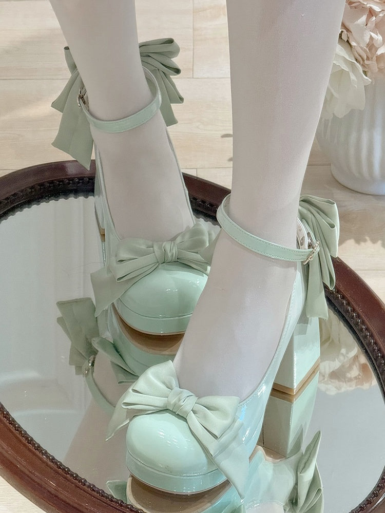 Green Sweet Toe Bowknot Lolita Platform Janes Round Mary Shoes Details