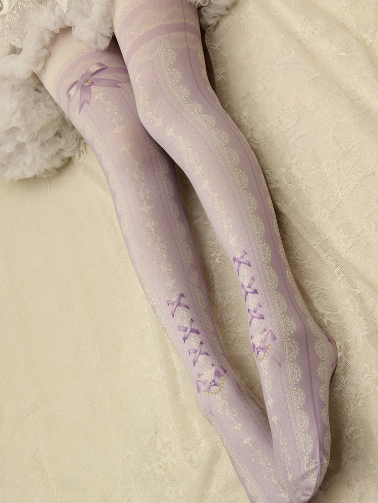 Lace Print Lolita Colors Tights 10 Strappy Bowknot