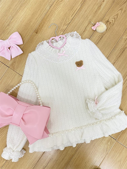 Fleece Lining Beige Sweater with Lace Trim and Bear Patch